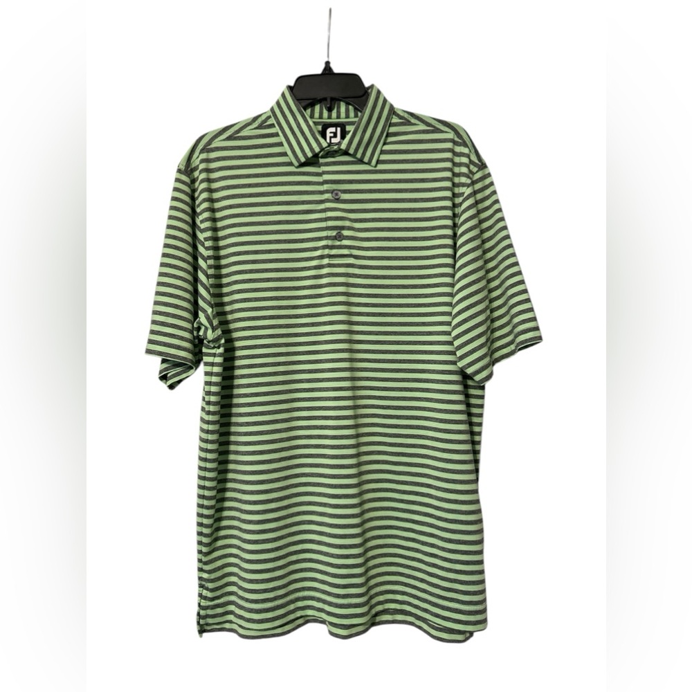 FootJoy Green Grey Striped Men's Polo Shirt—medium